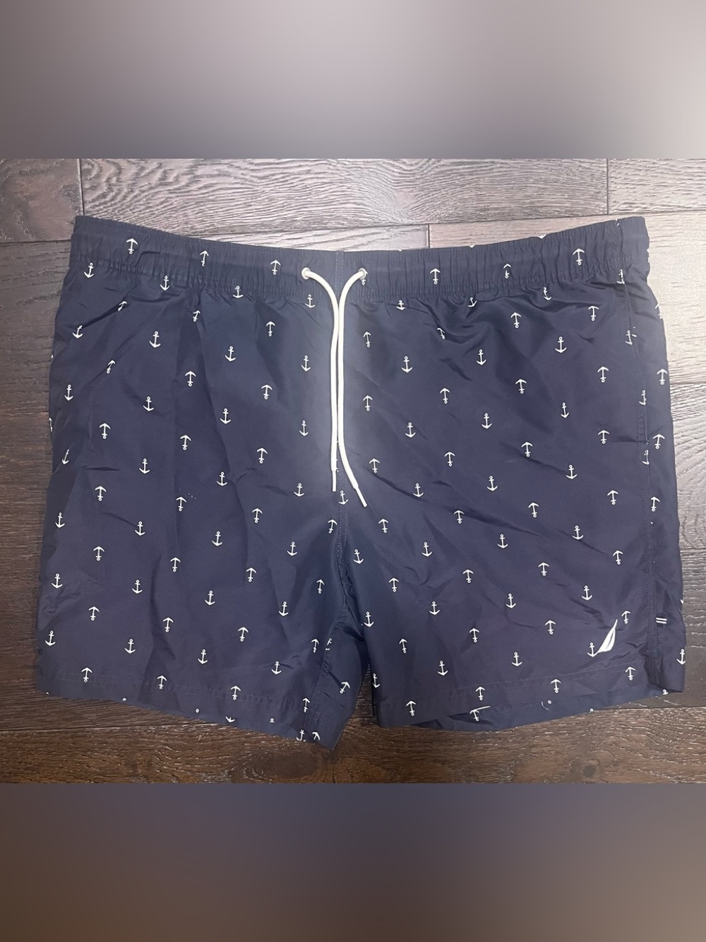 Nautica Navy Swim Trunks with White Anchor Pattern